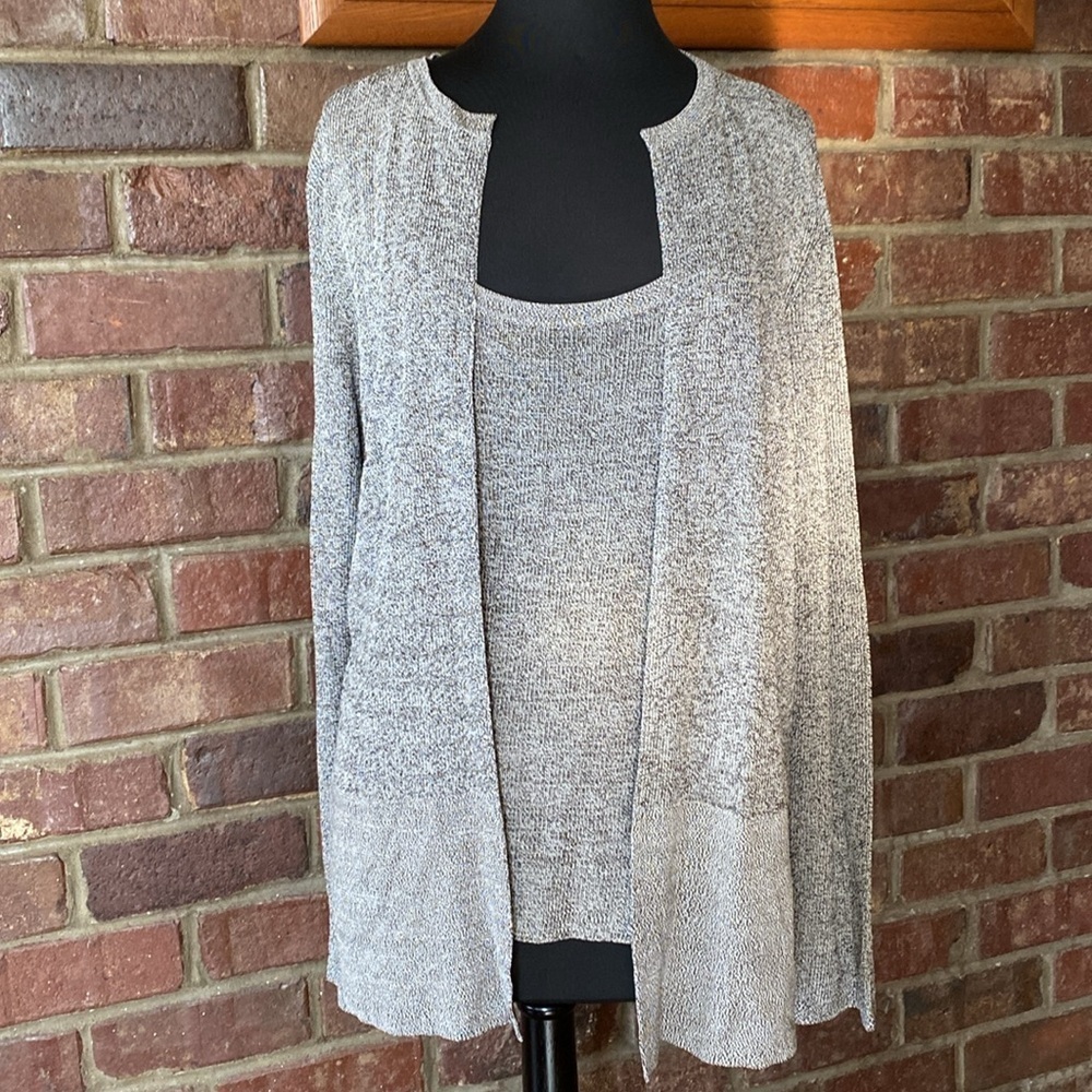 Linda Allard Ellen Tracy brown silk open front cardigan and tunic sweater set‎